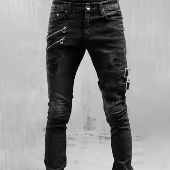 Zipper Decoration Slim Fit Biker Jeans Men Cotton Stretchy Ripped Skinny Jeans High Quality Hip Hop Black Oversize Denim Pants 1