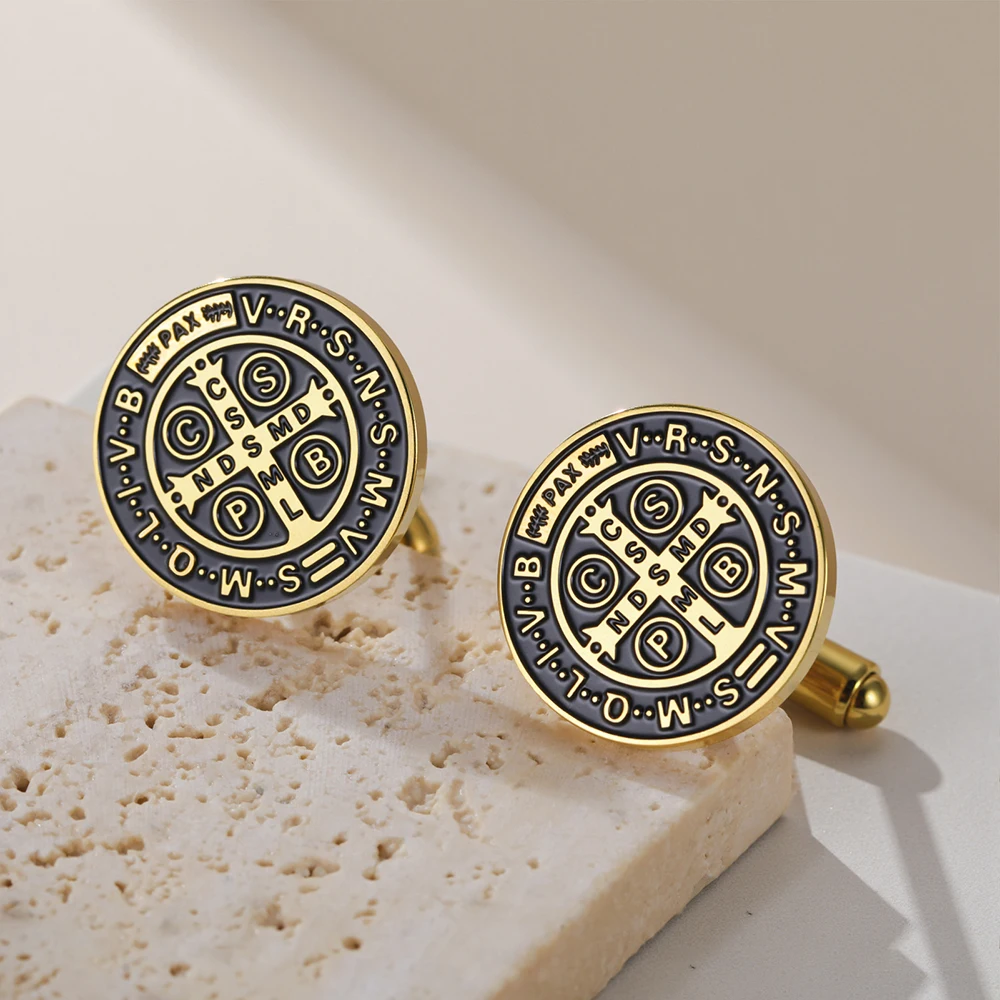 Dawapara Saint Benedict Manschettenknöpfe, katholisches Geschenk für Männer, Vintage-Schutz, Talisman, Edelstahl, Schmuck, Business-Accessoires – Detail 16