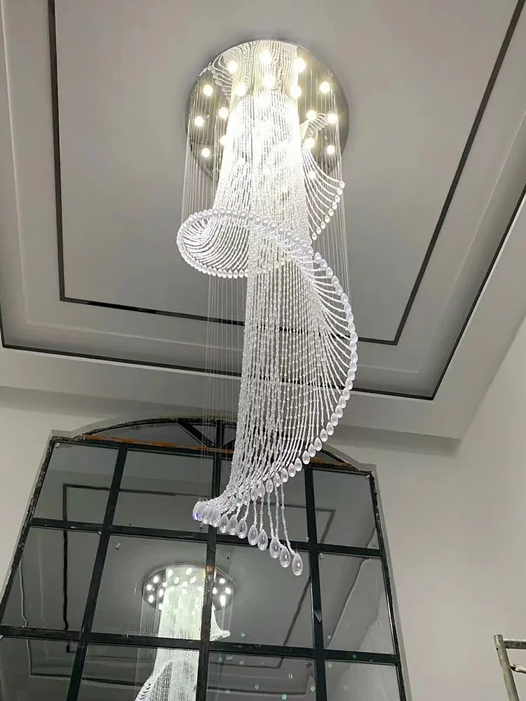 

Modern Luxury Unique Translucent Crystal Long Stair Pendnat Light Ceiling Lamp Living Room Corridor Chandelier Light