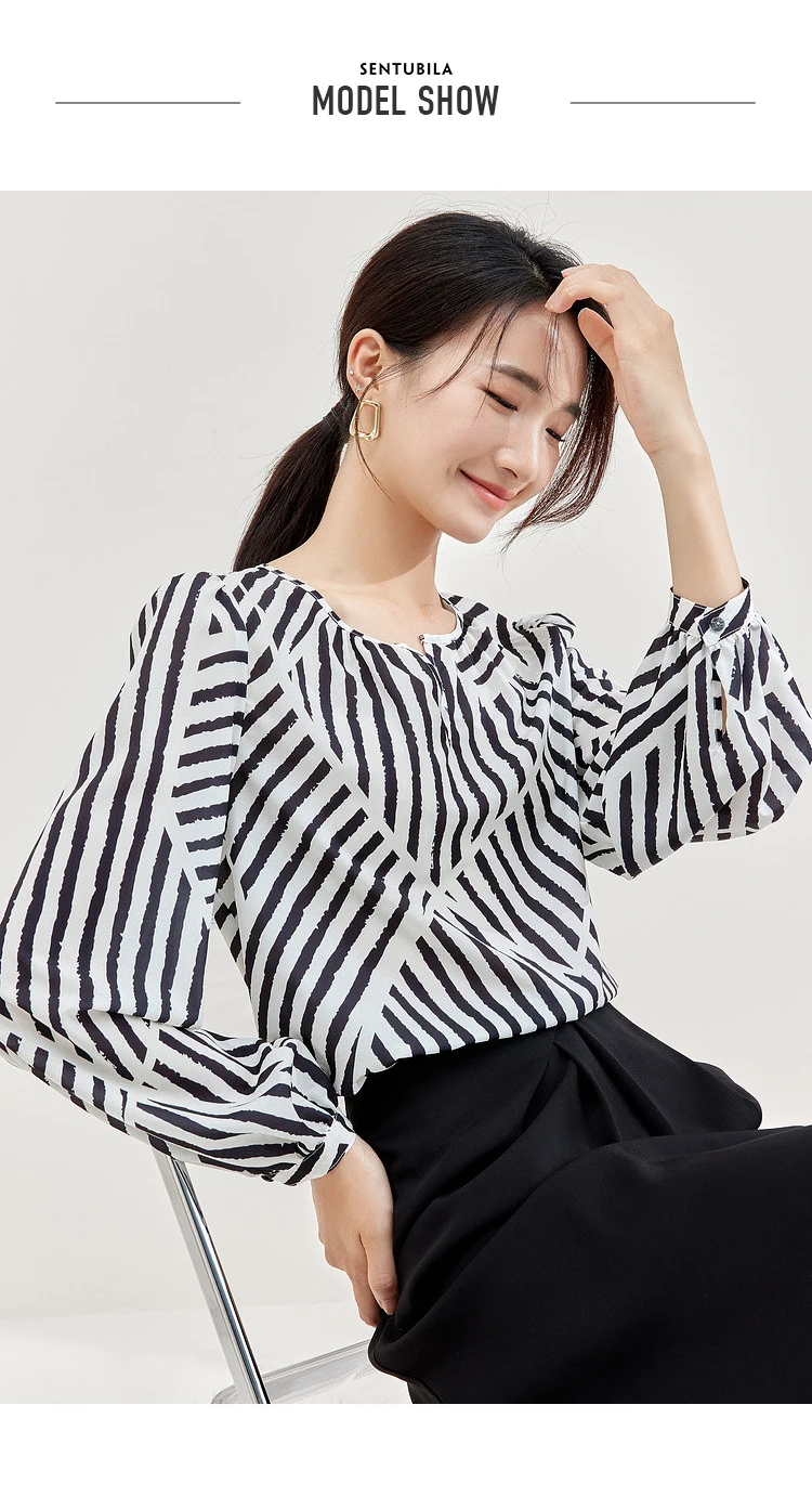 SENTUBILA Women Elegant Print Chiffon Blouses and Tops 2025 Contrast Striped Round Neck Puff Sleeve Loose Autumn Shirts 133V5130