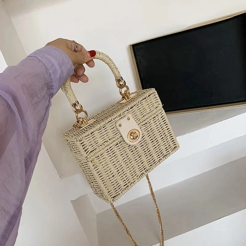 Yogodlns Summer Hot Straw Bag Women Handmade Rattan Shoulder Bag Travel Vacation Beach Bag Fashion Small Square Bag Box Pouch