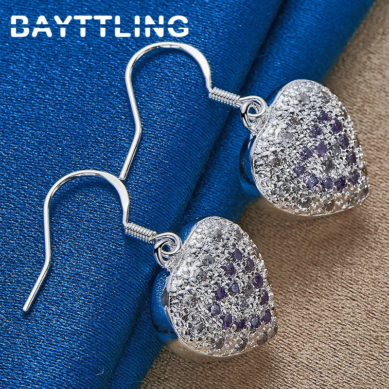 

New Fashion 925 Sterling Silver 30MM Fine Shiny Heart Zircon Earrings For Women Girlfriends Gift Jewelry Accessories Party