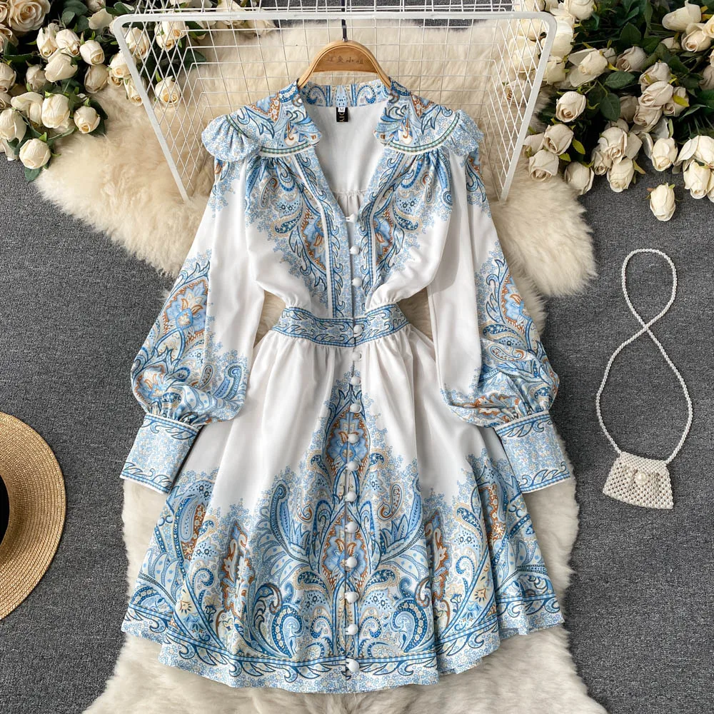 Spring Autumn Floral Printed Mini Dress Women Sexy V-Neck Single