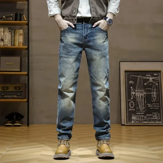 Pantalones vaqueros de estilo italiano a la moda para hombre, pantalones vaqueros rasgados ajustados elásticos de Retro Azul, pantalones vaqueros informales de diseñador Vintage para hombre 1