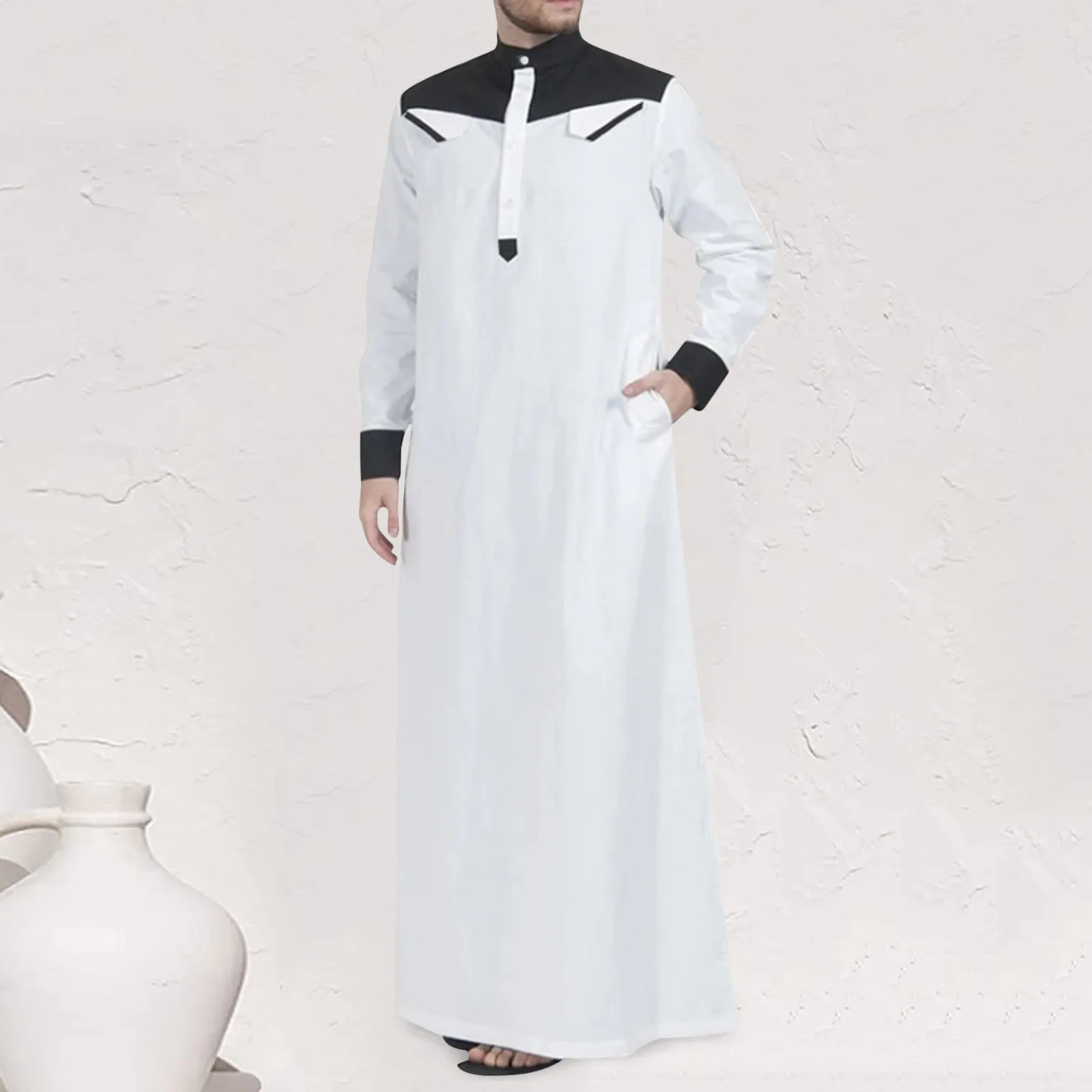 

2024 Muslim Robes Men Traditional Eid Middle East Islamic Arab Caftan Jubba Thobe Long Sleeve Fashion Leisure Loose Clothing