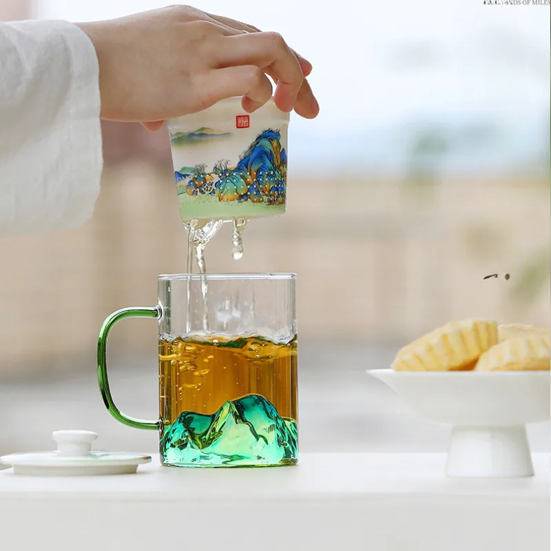 400ML Landscape Glass Office Work Cup Personal Tea Water Separation Mug Large Capacity White Porcelain Filtration Mug Gift Box