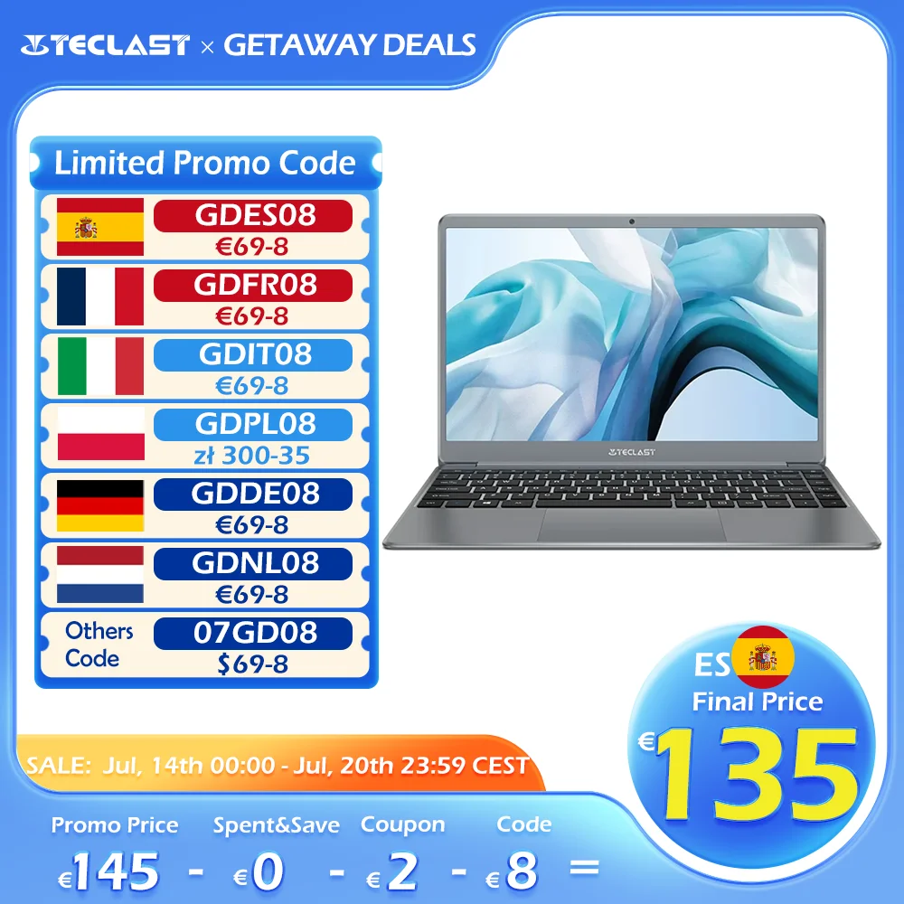 Teclast F7 Plus 2, 14.1 pulgadas computadora portátil, Windows 11, Gemini Lake N4120, 8GB RAM, 256GB ROM, UHD gráficos 600 GPU, 1920×1080 IPS, Dual Band Wi-Fi, 38000mWh