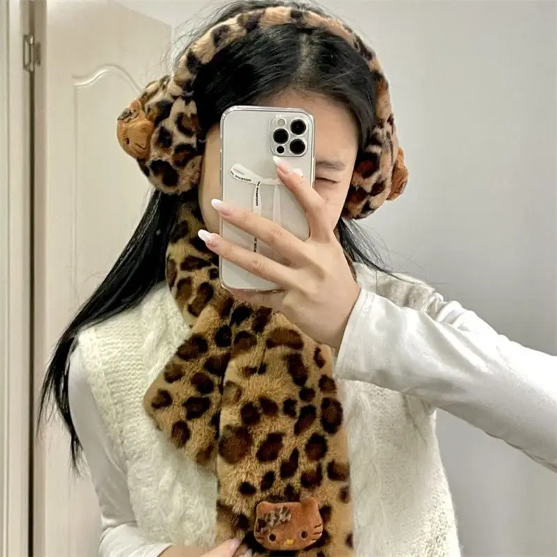 Hello-Kitty-Plush-Scarf-Sanrio-Earmuffs-Suit-Cute-Leopard-Print-Warm ...