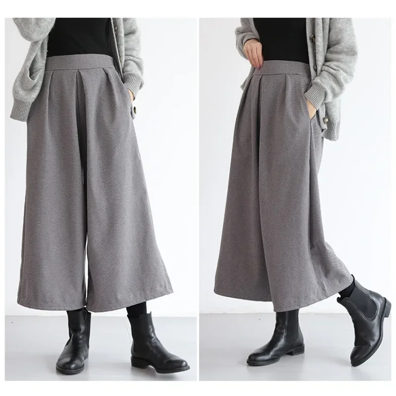 Autumn and Winter New Loose Wool Wide Leg Skirt Pants Women\'s High Waist Versatile Pleated Casual Pants Straight Leg Pants