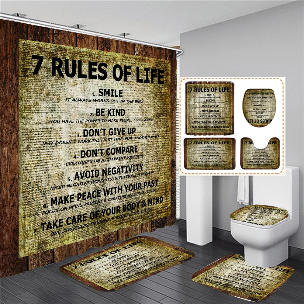 

Retro Style Wood Grain Motivational Quote Print Shower Curtain Set letters Bathroom Curtain Non-Slip Bath Mat Rug Toilet Cover