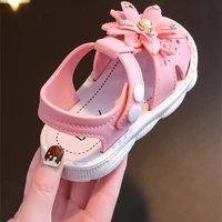 New Summer Sandals Kids Sweet Princess Fashion Covered Toes Soft Non-slip Pink Flower Children Snap Button Flat Casual Shoes 6