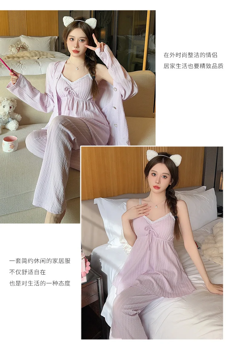 Koreanische sexy Pijama Mujer Frauen Pyjamas Set Baumwolle bequeme 3 Stück Nachtwäsche Brust polster Home Kleidung Winter Pyjamas Femme – Detail 11