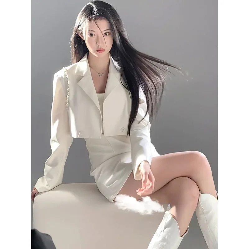 

Женское винтажное мини-платье Insozkdg, комплект из 2 предметов, Корейская одежда, повседневная куртка, пальто и короткое платье, осень 2023