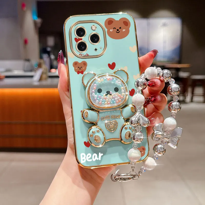 Pearl Strap Lanyard Love Bear Phone Holder Case - Anti-Knock Cover