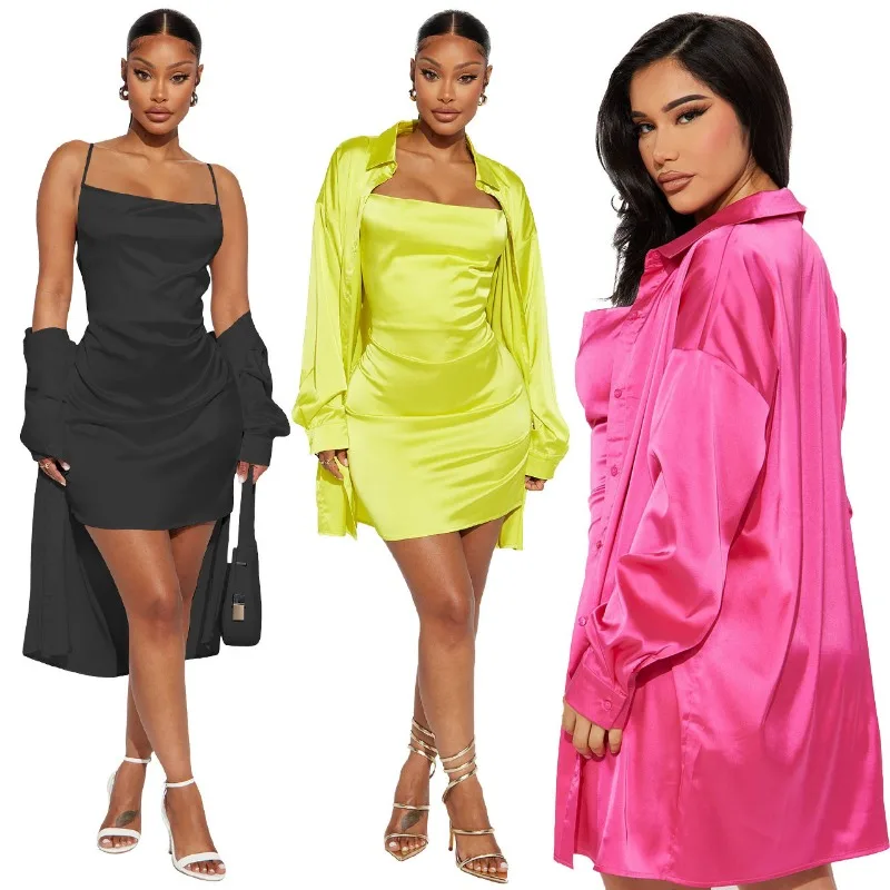 Glossy Satin Two Piece Set Women Sexy Spaghetti Straps Bodycon Mini Dress Full Sleeve Long Shirts Cardigan Coat Casual Suits men women pair of knee braces knitted adjustable straps support knee sleeve non slip breathable basketball running fitness