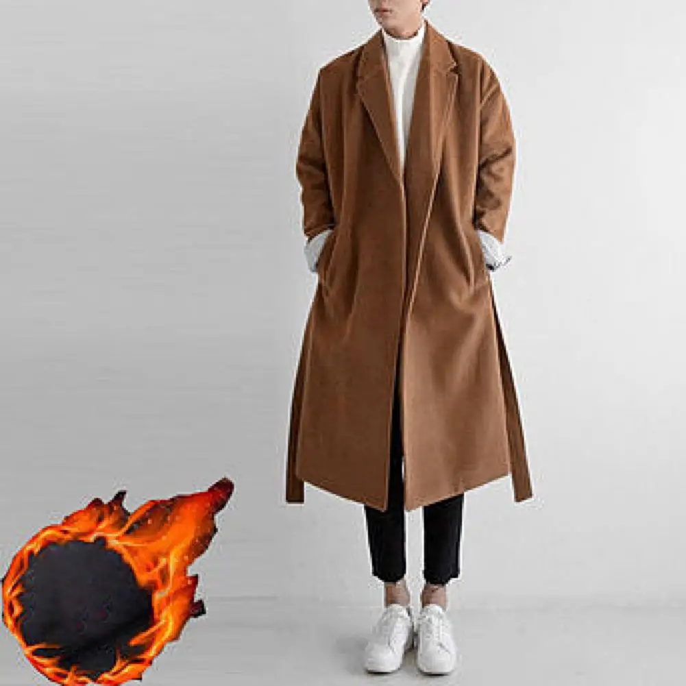 Plus Size Men Jacket Open Stitch Belt Windbreaker Fur Autumn Winter Mid-Calf Overcoat Thickened Woolen Blazer Coat