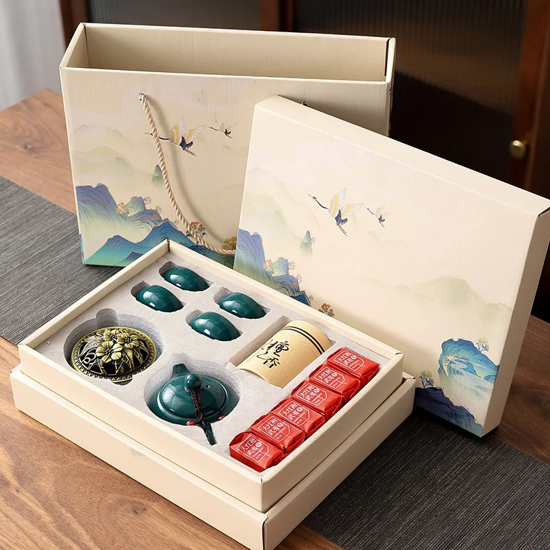 

China-Chic Chinese Style Business Gift Tea Set Celadon Xishi Pot 1 Pot 4 Cups Incense Burner Sandalwood Combination Set Logo