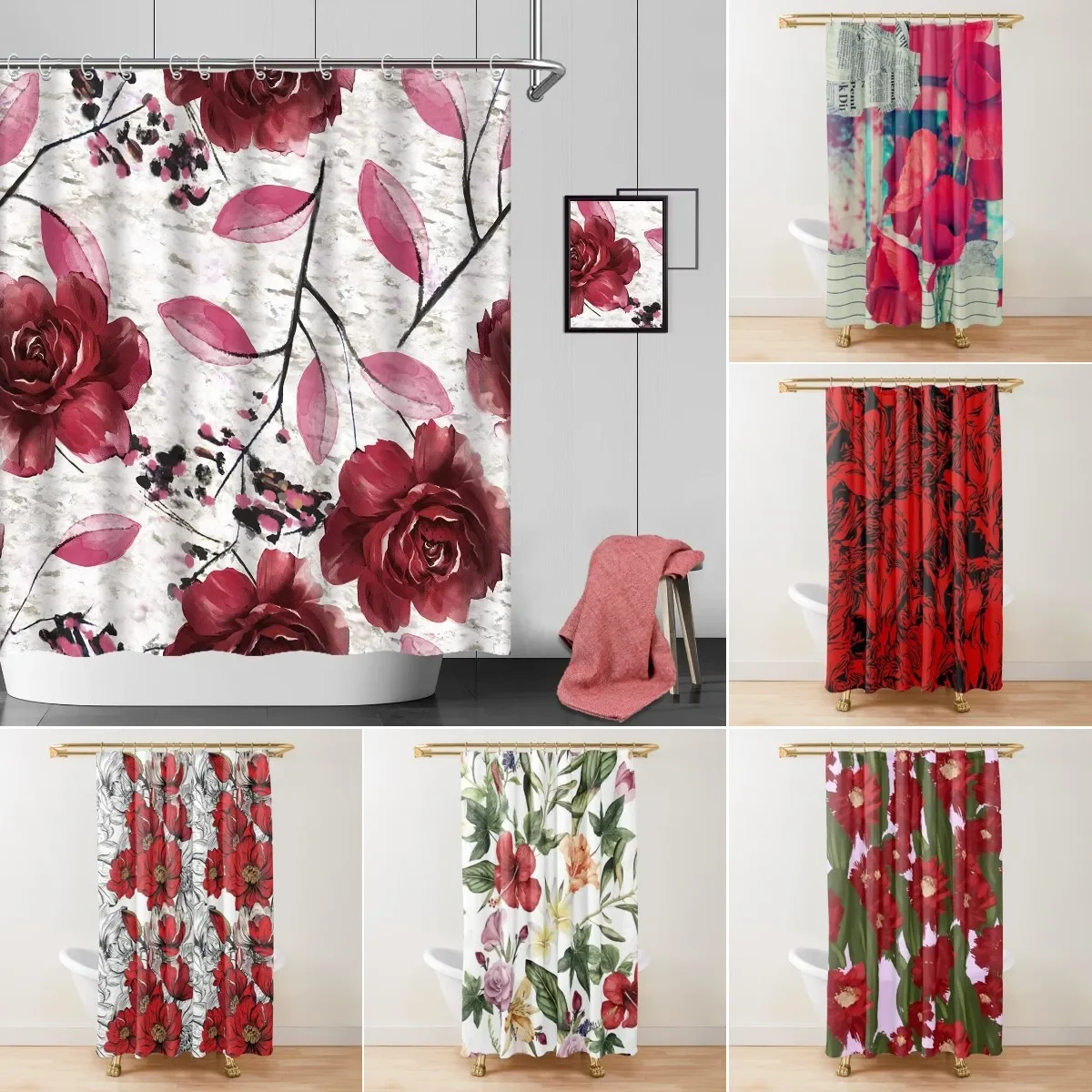 

Red Floral Shower Curtain Sets Watercolor Burgundy Flowers and Leaves Rose Bathroom Decoration with Hooks Burgundy and Grey