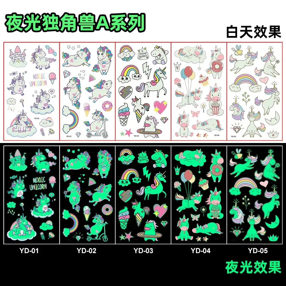 Tattoo Sticker 40pcs/8Set Luminous Cartoon Children Unicorn Mermaid For Children Temporary