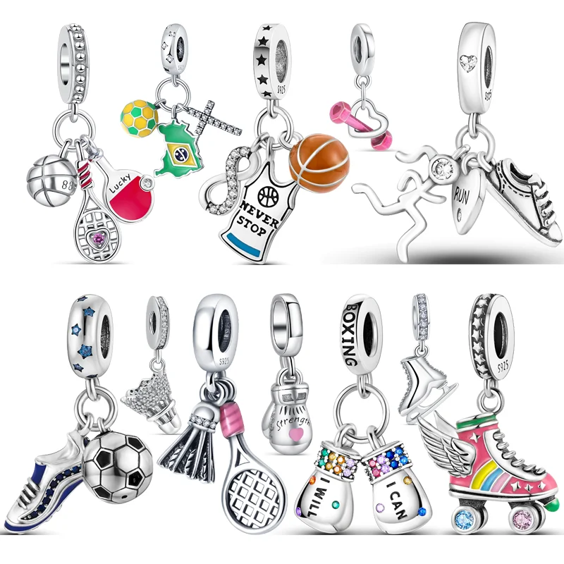 925 Silver Football Basketball Badminton Dumbbell Boxing Gloves Sports Series Beads Fit Pandora Original Bracelet Charms Jewelry