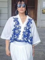 Women's 2-piece Set Of Blue Embroidered Single-breasted Loose Shirt + Chic High-waisted Loose Pleated Street Skirt Suit 3