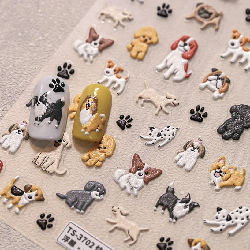 Kawaii Puppy Corgi Dalmatian Poodle Labrador Beagle Cute Dog Print Animal Embossed Reliefs Nail Art Stickers Manicure Tool Decal