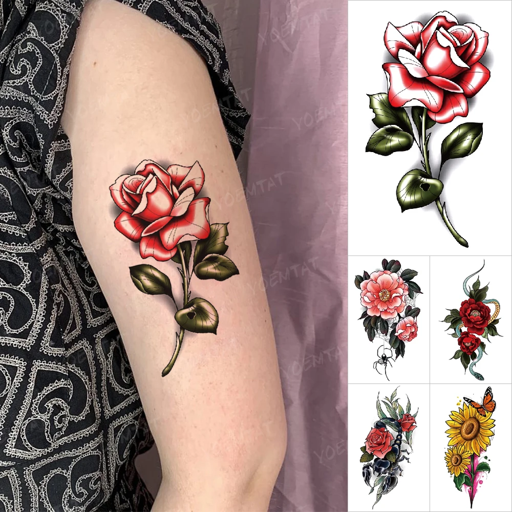 

3D Rose Transfer Waterproof Temporary Tattoo Stickers Peony Sunflower Snake Butterfly Scorpion Tattoos Body Art Men Women Tatto