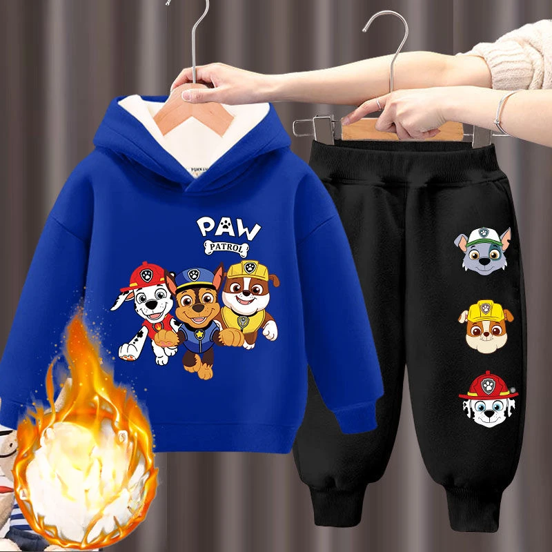 PAW Patrol Autumn Winter Plus Cashmere Warm Children's Clothing Sets Boys Hooed Sweatshirt and Sweatpant 2pcs Set Kids Tracksuit