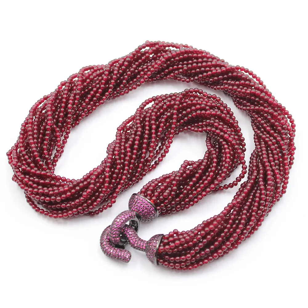 20 Strands Natural Smooth Round Garnet Beads Necklace Gunmetal Color Plated Purple CZ Pave Clasp 19inch For Women
