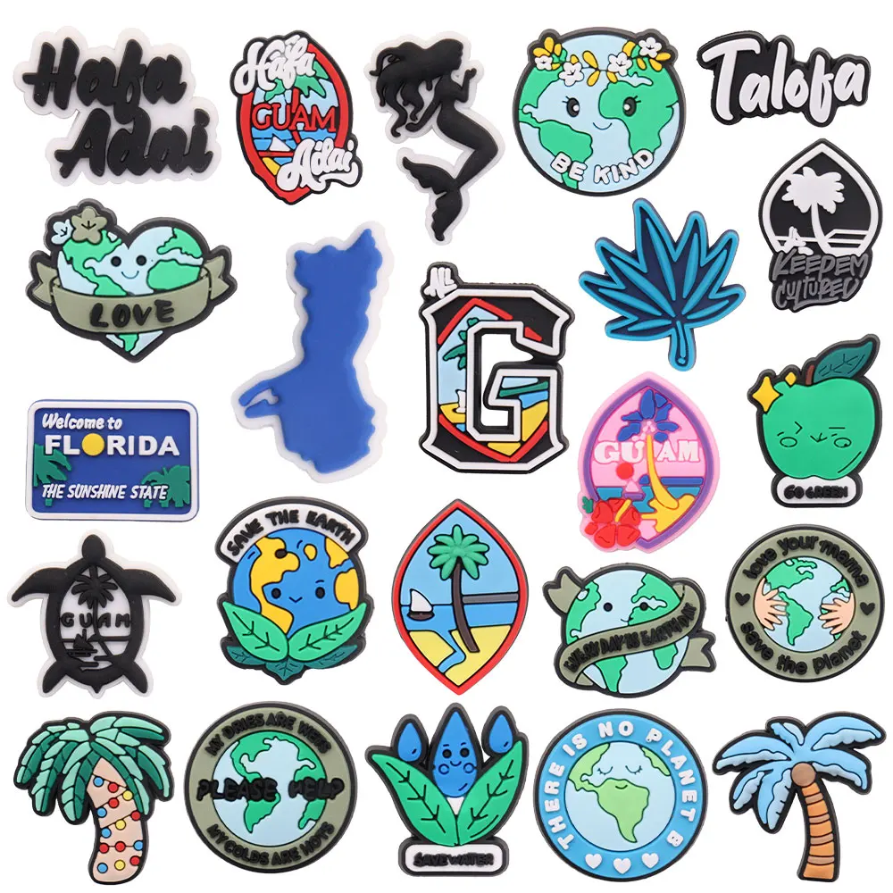 

Wholesale 50Pcs Love Earth Be Kind Save Waters Tree Croc Charm Children Summer Style Shoe Button Decorations Fit Jibz Backpack