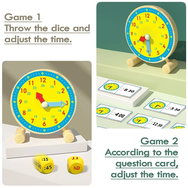 Wooden Clock Dice Montessori Math Toys Time Activity Set Time Matching Puzzle Preschool Tactile Learning Clock Educational Toys 4