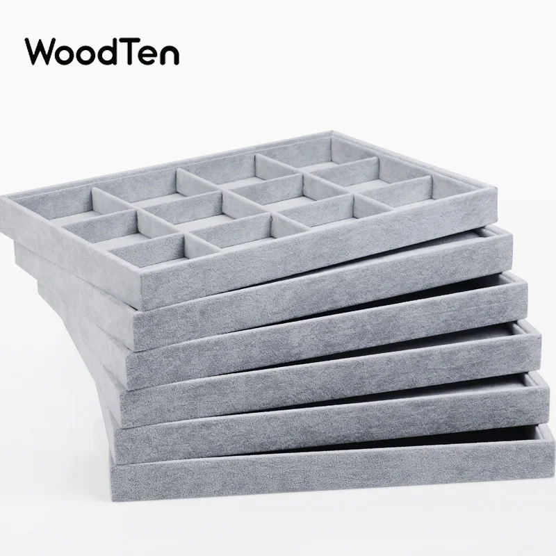 

WoodTen Silver-Gray Jewelry Storage Tray Ice Velvet Cloth Ring Earrings Necklace Display Bright Colorful Tray 12/24 Grids