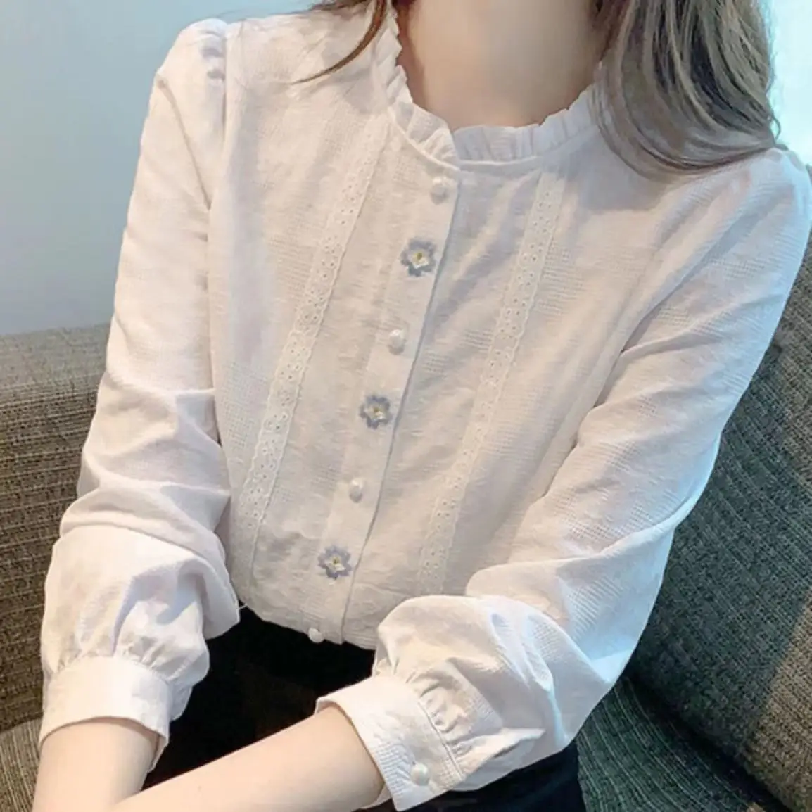 

White Cotton Shirt Women's Autumn 2023 New Fashion Embroidery Jacquard Pure Cotton Shirt Top Blusas Para Mujer
