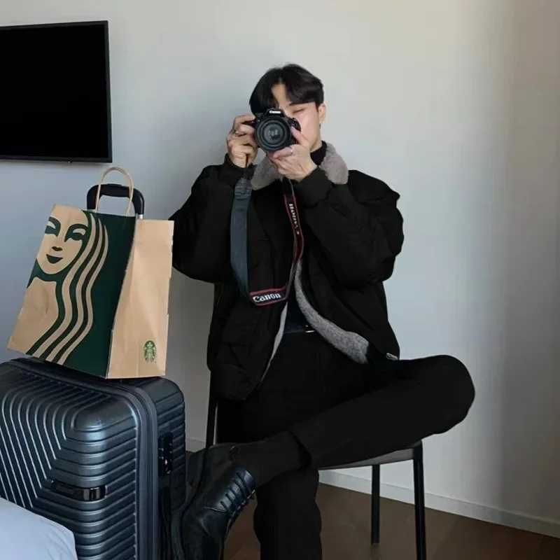 Men's ClothingParkas Winter Velvet Thickened Short Autumn Street Jacket Turndown Colllar Long Sleeves Zipper Pockets Jackets