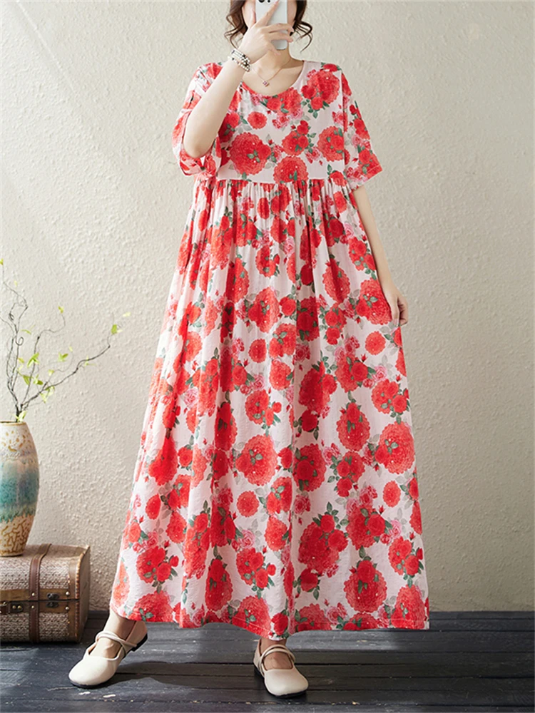 2025 Summer Cotton Vintage Casual Loose Print Red Dresses For Women Short Sleeve Dress Femme Robe Vestidos Elegant Long Clothing