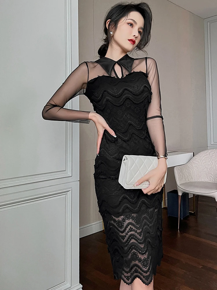 

Fashion Elegant Sexy Dress for Women 2023 Black Sheer Mesh Tulle Lace Embroidery Hollow Spliced Backless Slit Robe Lady Vestidos