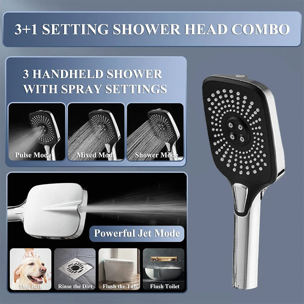 12 Inch Bathroom Shower Faucet Set 3+1 Settings Rain/Rainfall Shower Heads Height/Angle Adjustable Handheld Top Spray Showerhead