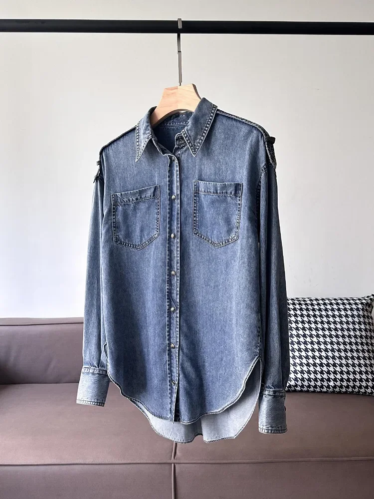 

Women's Shirt Beading Chain Turn-down Collar Single Breasted Pockets 2024 Spring Retro Loose Blouse