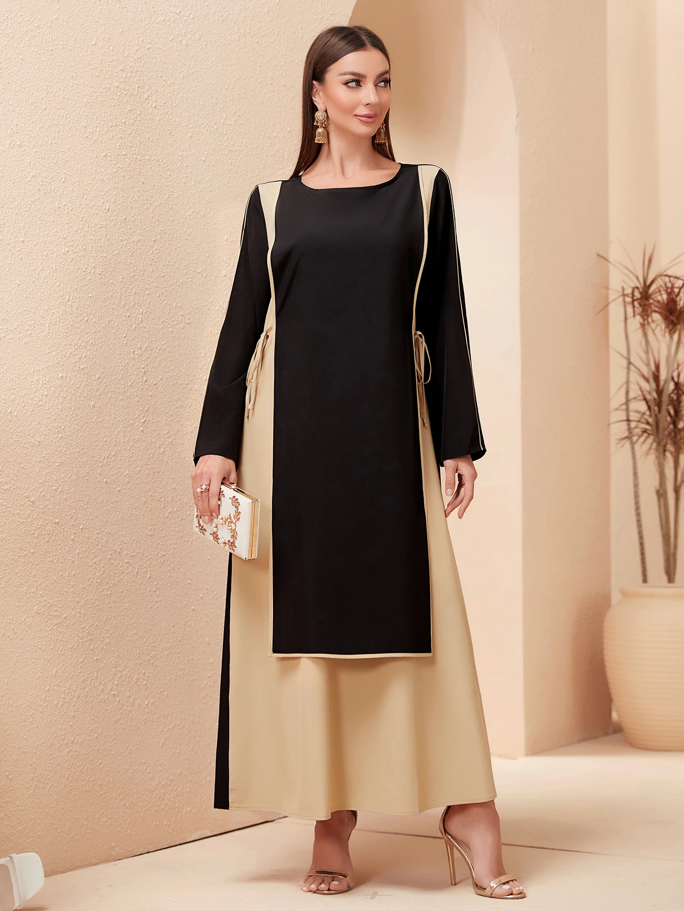 Abaya Ramadan Dubai Color Block Long Sleeve Kaftan Dress, Elegant Tied Waist Ankle Length A-line Dress, Women's Clothing