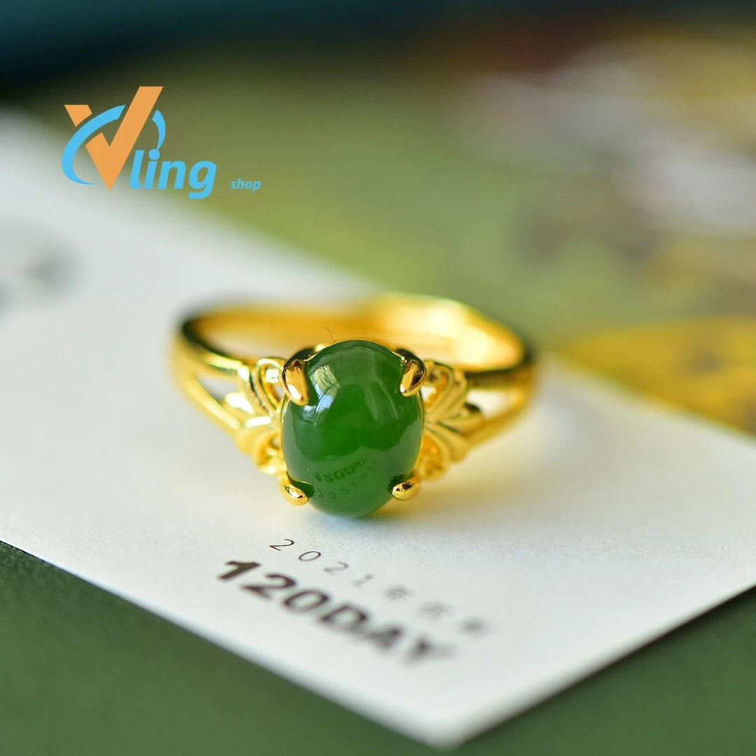 Green Chalcedony Ring for Women Jade Ring Copper Opening Inlaid Jade Fashion Temperament New