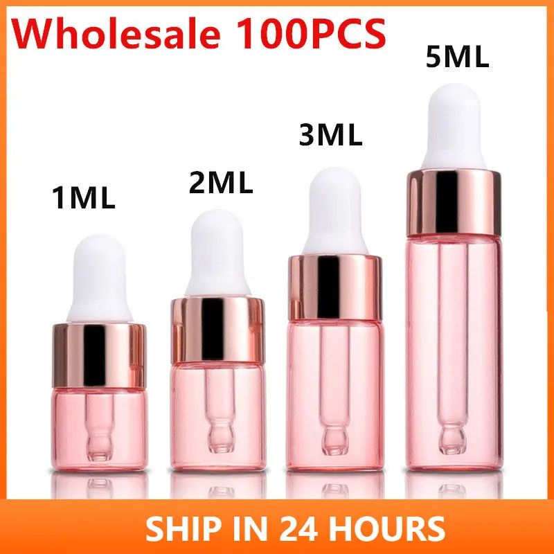 

Wholesale 100PCS 1ML 2ML 3ML 5ML Pink Mini Dropper Bottles Essential Oil Bottles With Rose Gold Cap Reagent Pipettes Bottles 4#