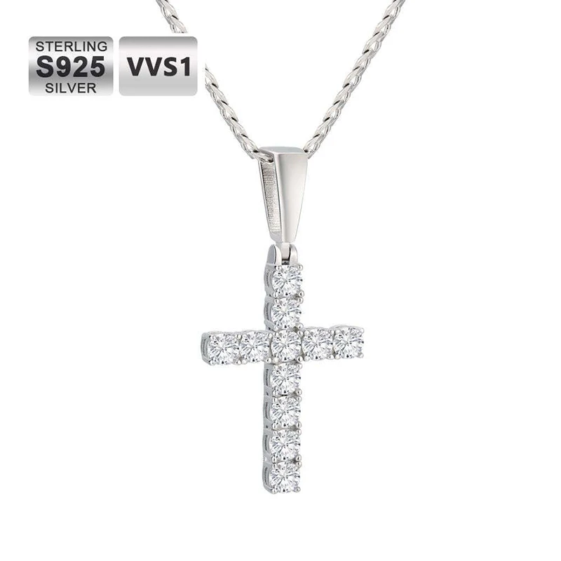 

Hiphop 1.1ct D Color VVS1 Moissanite Cross Necklace 925 Sterling Silver Lab Diamond Cuban Link Pendant Necklace Women Men Gift