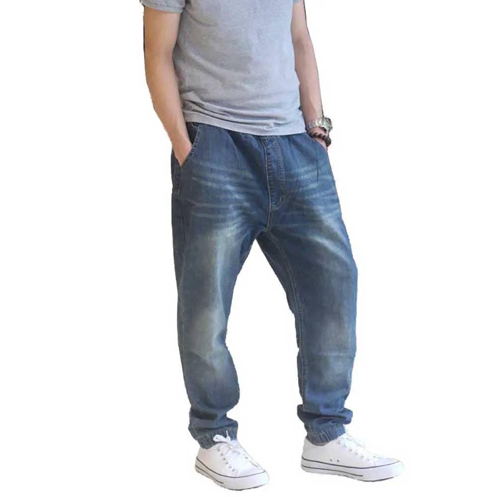 

Trendy Loose Baggy Harem Jeans Big Beam Foot Pants Men Casual Denim Elastic Waist Drawstring Trousers Skateboard