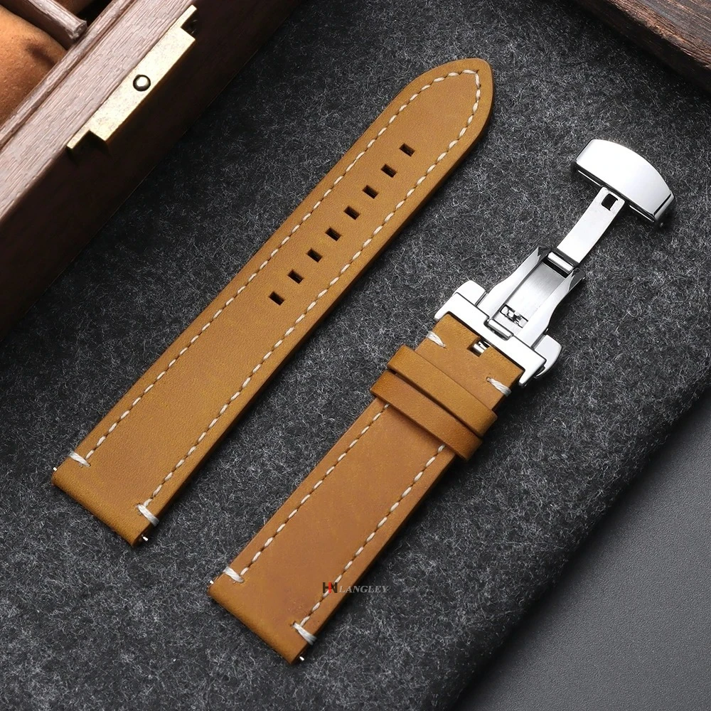 Luxurious Calfskin Leather Watch Band with Butterfly Buckle – Elegant Casual & Business Strap Replacement