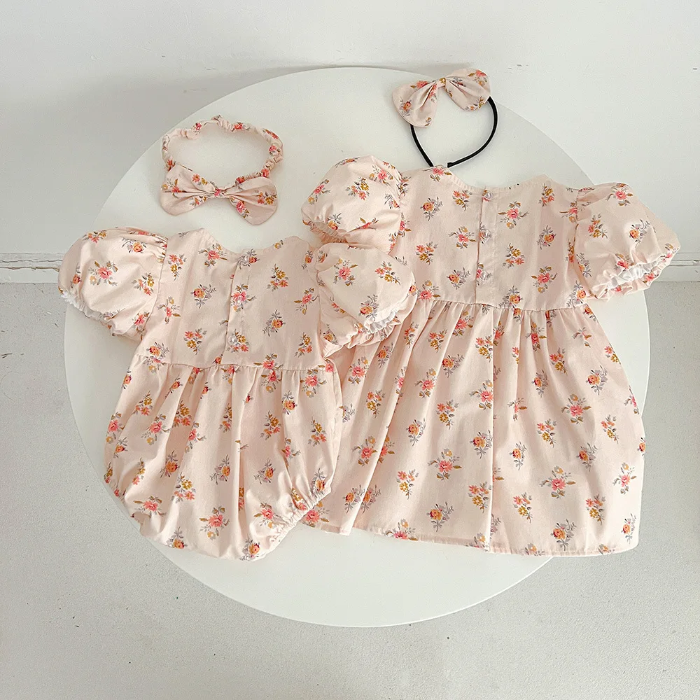 Peleles de algodón de manga corta con estampado Floral para niñas pequeñas, vestido fruncido con encaje de amor, 2024