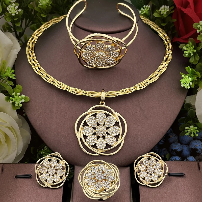 

Fashion Jewelry Sets For Women ensemble de bijoux en plaqué or italien Round Pendant Necklace With Rhinestones