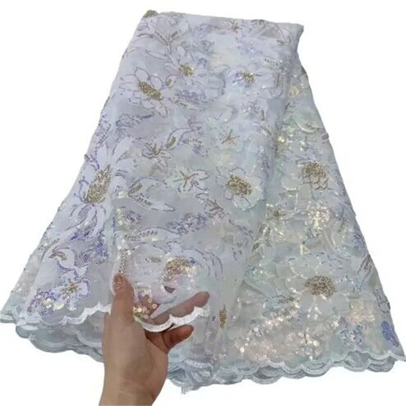 

White French Sequin Tulle Lace Fabric Beads Hot Sale Nigerian Mesh Lace Fabric 5Yards African Lace Fabric For Wedding Party