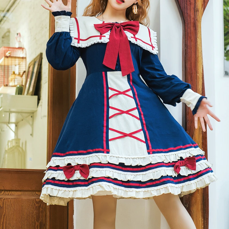 

French Vintage Design Lolita Dress Cute Woman Navy Collar Lace Bow Classic Lolita Princess Dress OP Tea Party Elegant Dress