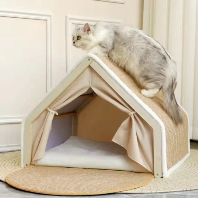 Half-Enclosed Wooden Cat Tent Villa Pet Bed All-Season Dual-Use Durable Sisal Scratching Board Cozy House Furniture for Cats 6