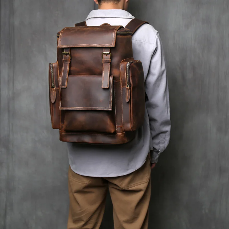 NZPJ Men's Retro Large Capacity Leather Backpack Genuine First Layer Natural Cowhide Travel Laptop Bag